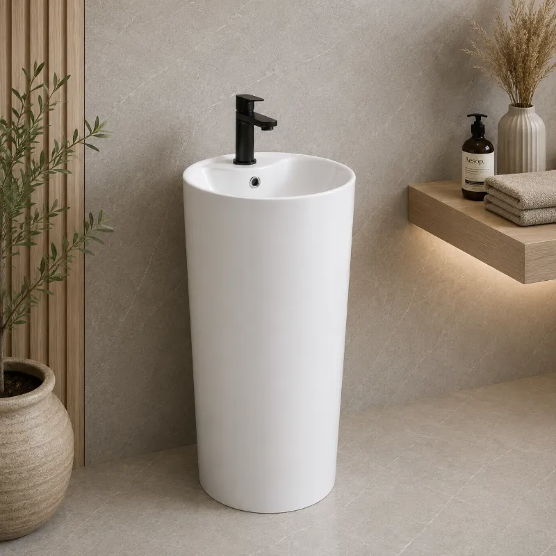 Gloss White Freestanding Ceramic Basin | 395x395x850mm | AHF - Image 1