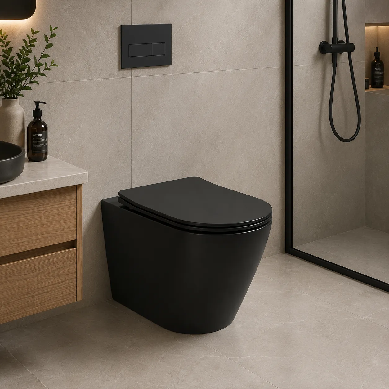 Matte Black In-Wall Cistern Wall Hung Rimless Toilet Nano Glaze | 515x365x420mm | AHF - Image 1